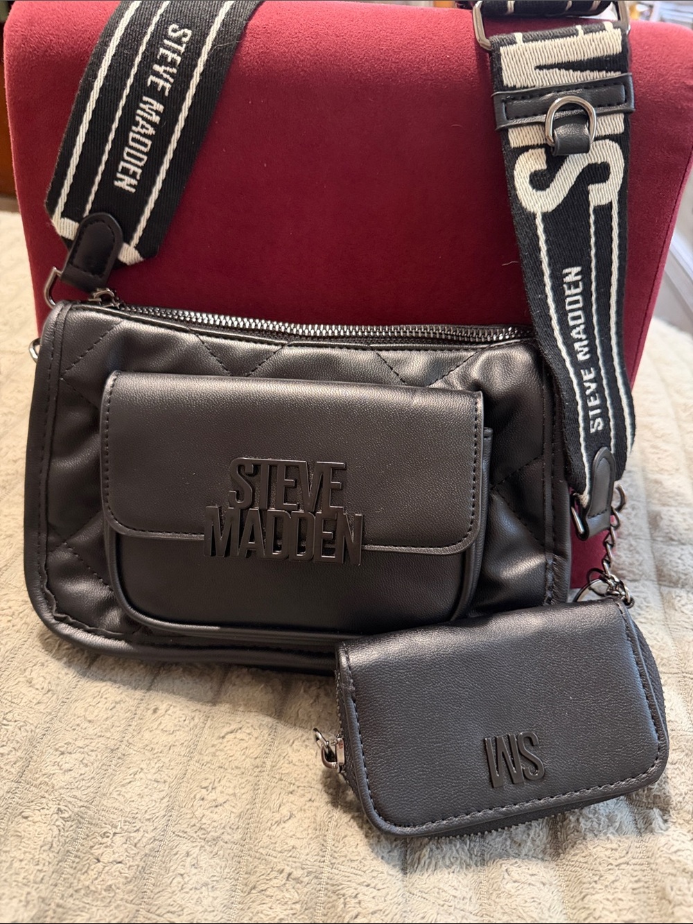 Steve Madden Black Quilted Messenger Bag with Logo Strap
